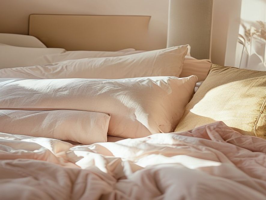 High-quality bedding and pillows arranged on a well-made bed in a minimalist bedroom
