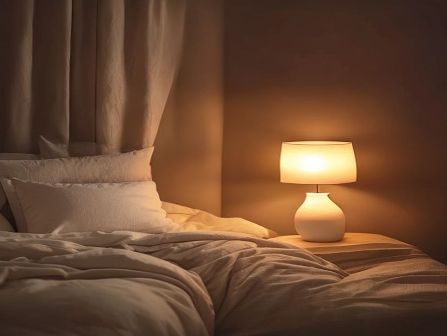 A darkened bedroom with soft ambient light from a single lamp, creating a calm atmosphere