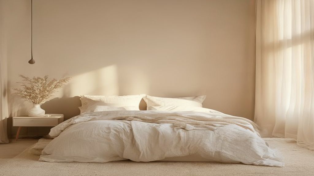 A minimalist bedroom with soft lighting, comfortable bedding, and a serene atmosphere