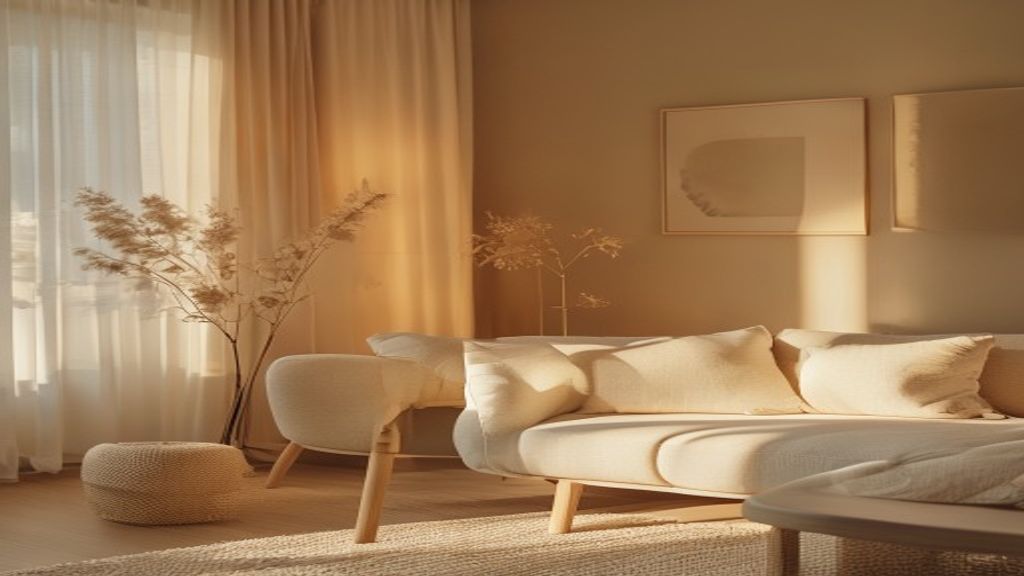 A soft-lit home interior with warm ambient lighting and calming atmosphere in the evening