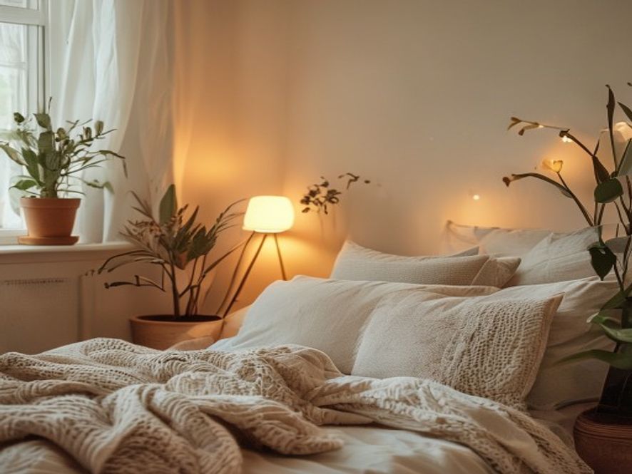 A cosy bedroom corner with a reading light, plants, and soft textures in warm tones