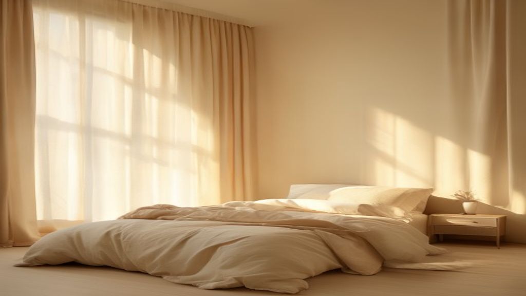 A serene bedroom with soft golden light, minimalist design, and a neatly made bed