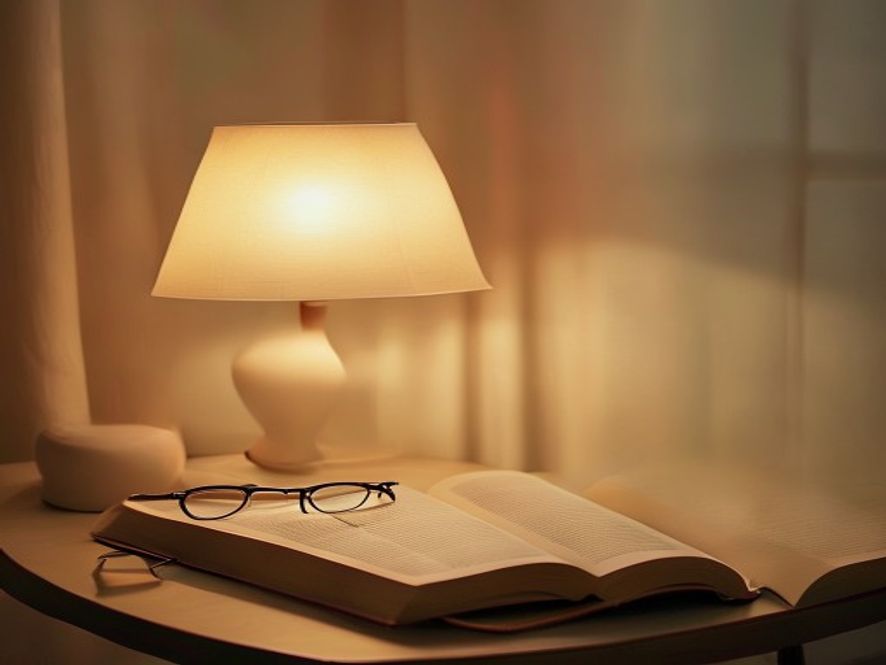 An open book on a minimalist desk with soft lamp light in the evening