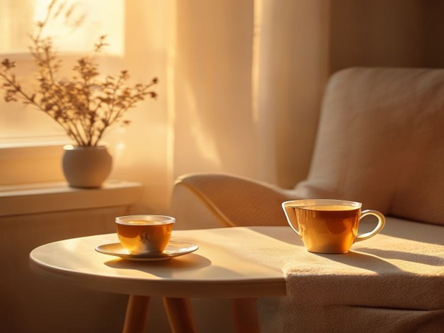 A warm cup of herbal tea on a side table next to a comfortable chair in soft evening light